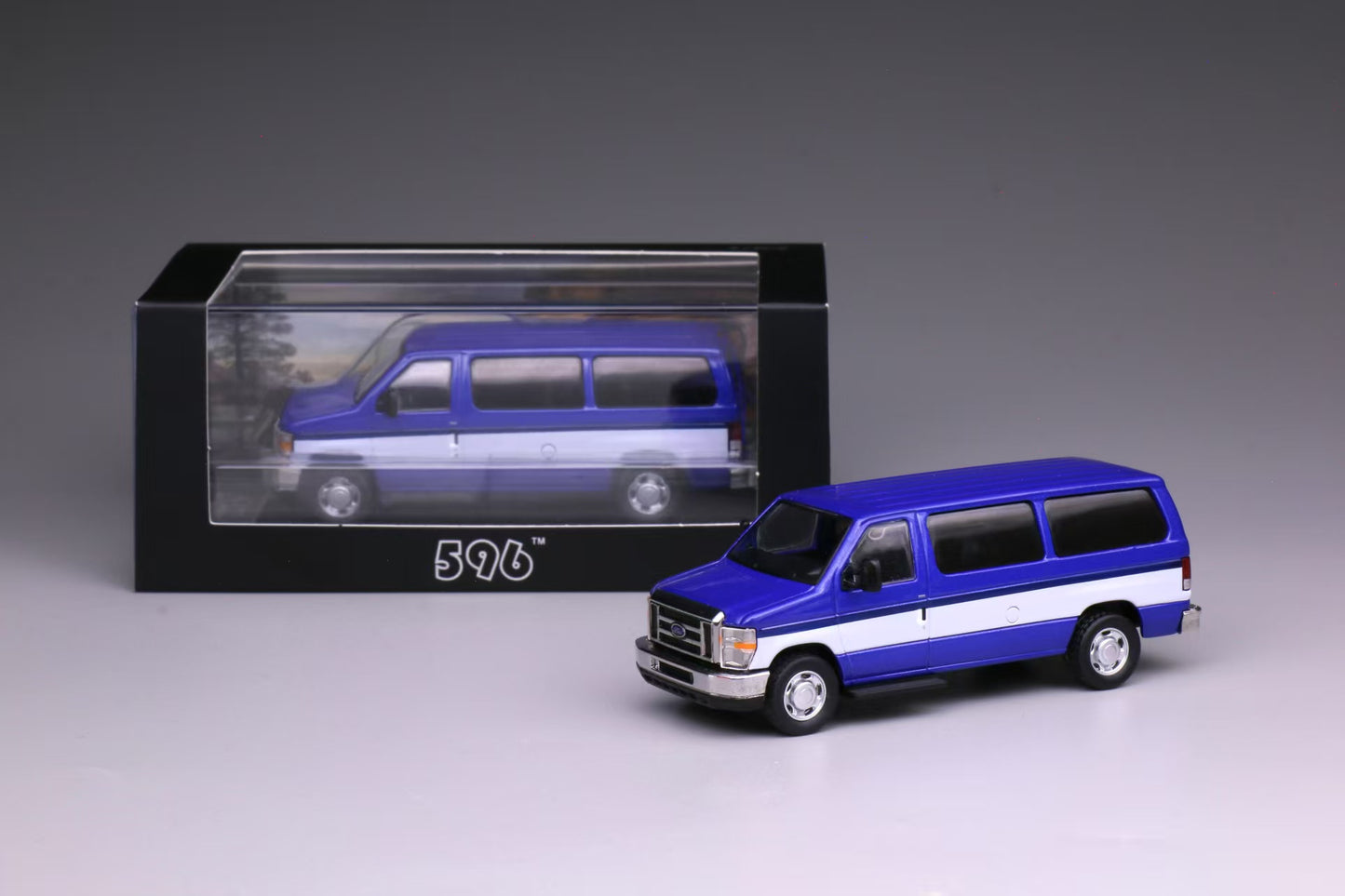 596 1:64 Ford E350 Blue with Openable Rear Door and Acrylic Case