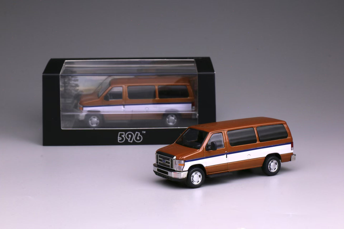 596 1:64 Ford E350 Orange with Openable Rear Door and Acrylic Case