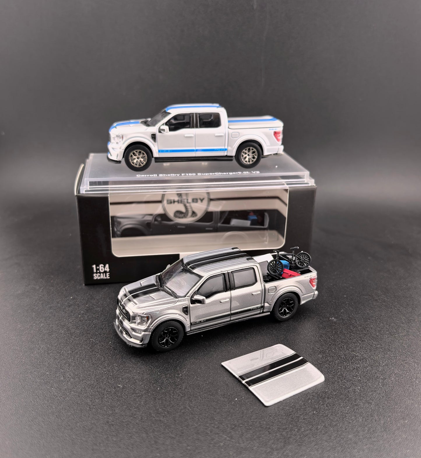 Mini Kars (Finework64) 1:64 F-150 Shelby Pickup Truck with accessories Sliver / White