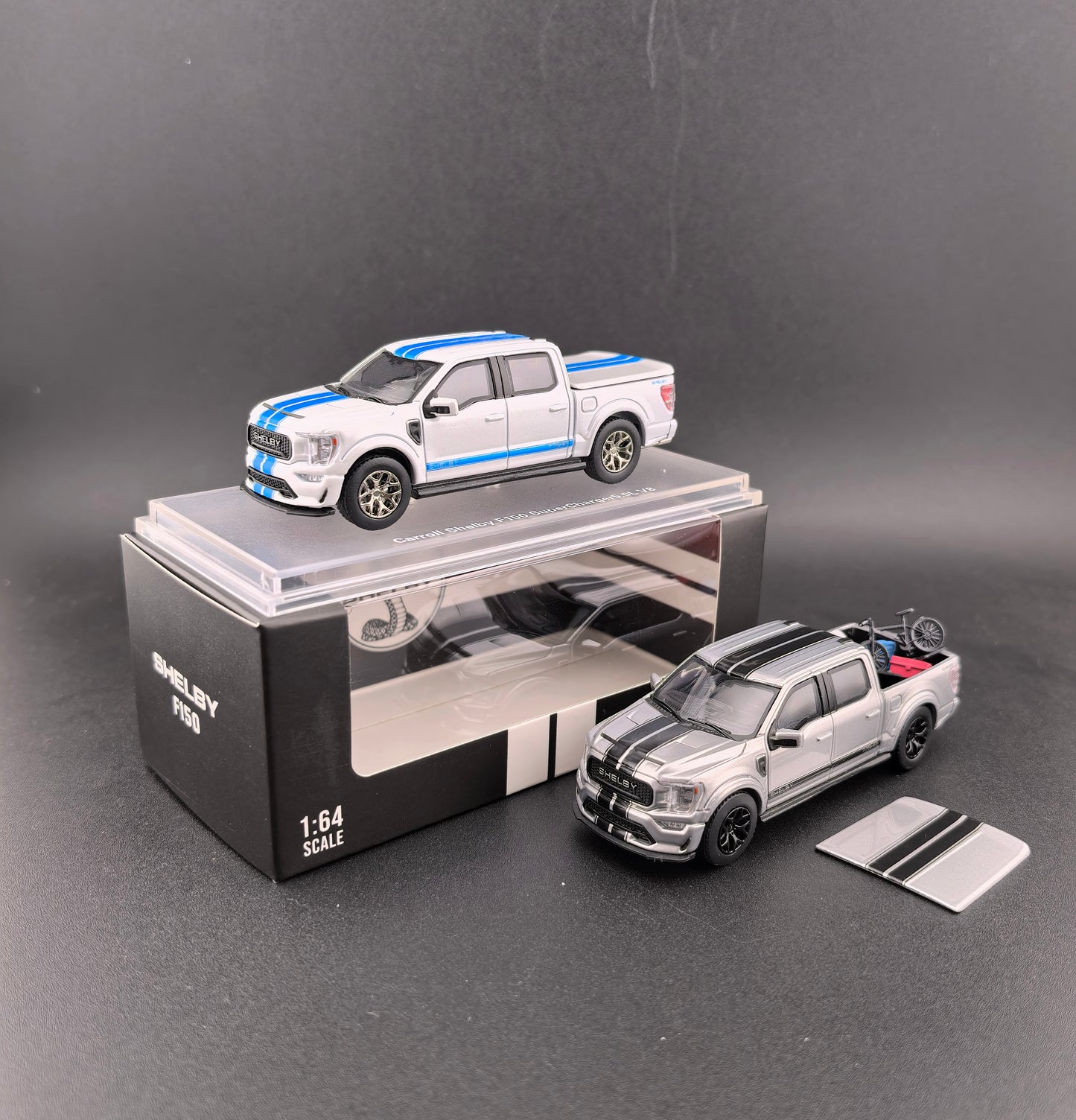 Mini Kars (Finework64) 1:64 F-150 Shelby Pickup Truck with accessories Sliver / White